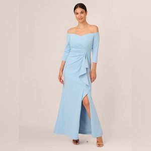 NWT Adrianna Papell Off Shoulder Cascading Ruffle  Crepe Gown, US 6, Blue Mist